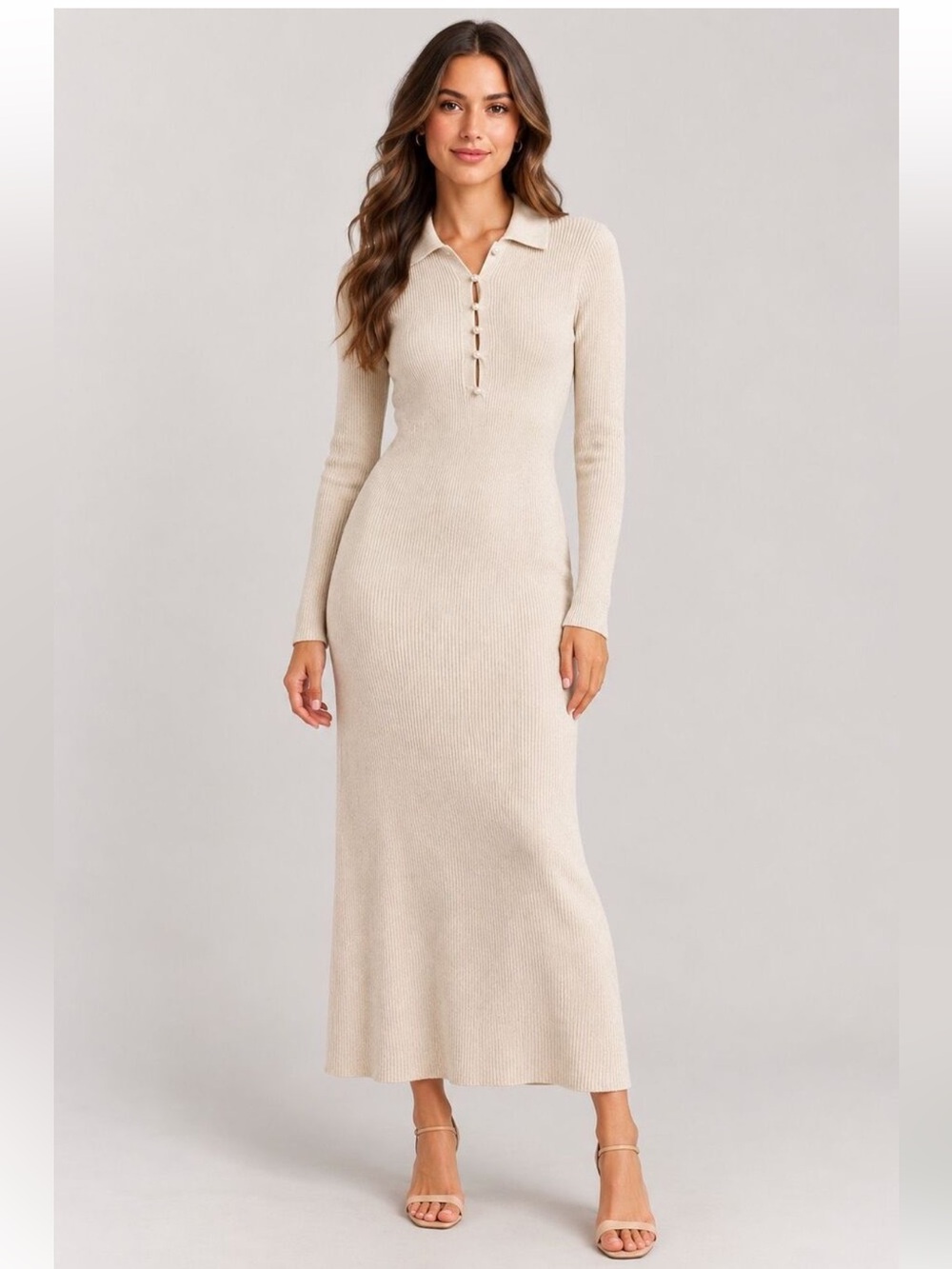 Abercrombie & Fitch Cream Pearl Button Ribbed Knit Polo Maxi Dress Size XS